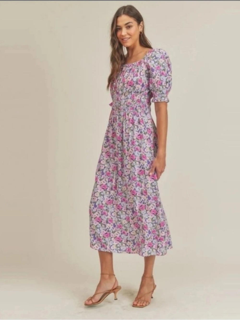 Lush Pink and Lavender Floral Puff-Sleeve Midi Dress